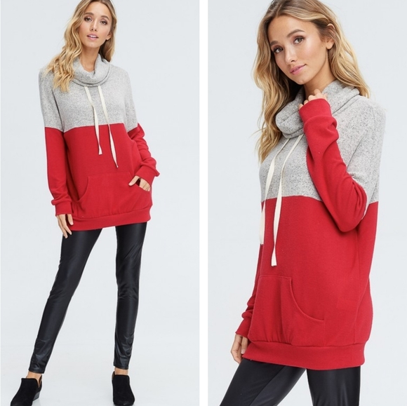 Sporty Red & Gray Color Block Cowl Neck Tunic - Picture 3 of 3